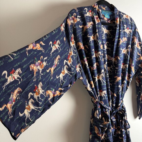 Enamels 100% Silk Robe Kimono Vintage Equestrian Horse Print One Size - Picture 2 of 7